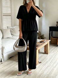 V-neck Loose-fit Short-sleeve Top And Wide-leg Pants Two-piece Set