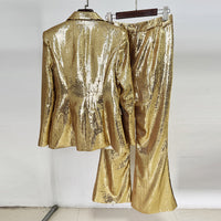 Fashionable Gold Sequin Blazer And Pants Suit For Women