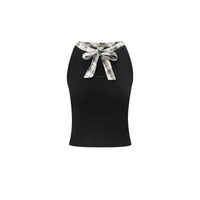 Patchwork Plaid Bow Bandage Halterneck Vest Top