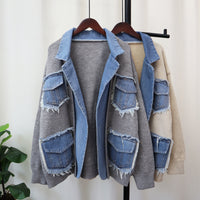 Denim Stitching Sweater Coat For Women