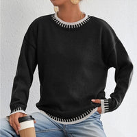 Women's Round Neck Contrast Color Stitching Leisure Pullover Loose Sweater