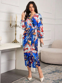 Printed V-neck Cardigan Lace-up Slim-fit Dress