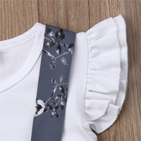 Summer Girls' Solid Color Flounced Sleeve Romper Floral Suspender Skirt Two-piece Set