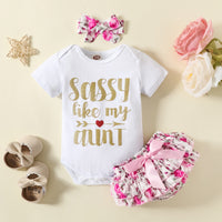 Letter Printed Romper Floral Skirt Headrope Three Piece Set