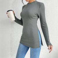 Simple And Intellectual Long-sleeved Slit Slim Design Base Top