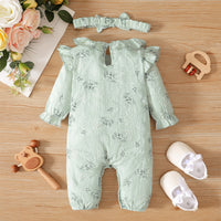 Girls' Small Floral Lotus Collar Long-sleeved Jumpsuit Plus Headscarf
