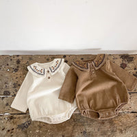 Embroidered Collar Romper Corduroy Long Sleeve Bag Butt Swimsuit