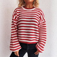 Autumn And Winter New Vintage Stripe Knitted Top Round Neck Long Sleeve Loose Pullover Sweater For Women