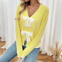 European And American Color Matching V-neck Bow Cardigan Sweater Coat Women's Clothing