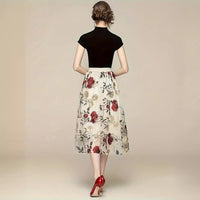 Women's Vintage High-waisted Embroidered Peony Midi Skirt