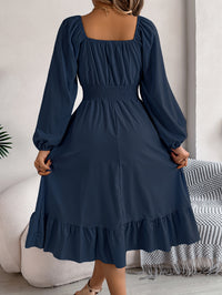 Women's Casual Solid Color Square Neck Long Sleeve Tie Waist Ruffle A-Line Dress
