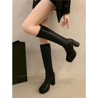 High Heel Small Chunky Heel Stretch Slimming Below The Knee Boots