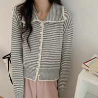 Gentle Simple Korean Style Polo Collar Stripes Long Sleeve Sweater