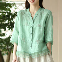 Retro Cotton-Linen Shirt Womens Artistic Cardigan Embroidered Blouse