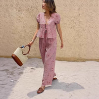 Womens Striped Front-Placket Puff-Sleeve Shirt And Pants Set