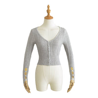 American Hot Girl Pure Desire Sexy V-neck Single-breasted Long Sleeve Sweater