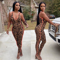Women's Deep V Leopard Splicing Slim Vest Jumpsuit