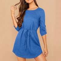 Solid-color Lace-up Womens Crew-neck Three-quarter-sleeve Dress