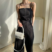 Retro Zipper Design Wide Leg Pants Double Pocket High Waist Straight Sling Jumpsuit Women
