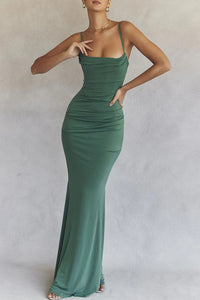 Womens Fishbone Pleated Sexy Backless Slip Mermaid Bodycon Dress