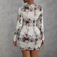 Womens Round-Neck 3D Digital-Print Snake-Print Long-Sleeve Dress