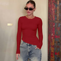 Women's Hot Girl Slim Fit Round Neck Long Sleeves Beveled Top