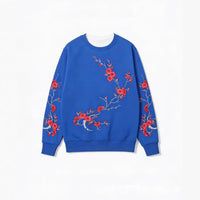 Black-base Red Plum Blossom Branch Print Loose-fitting Crewneck Sweatshirt