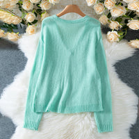 Women's Deep V-neck Solid Color Buttons Cardigan Knitted Sweater Coat