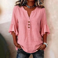 Solid-color V-neck Three-quarter-sleeve Ruffled Casual Cotton-linen Top