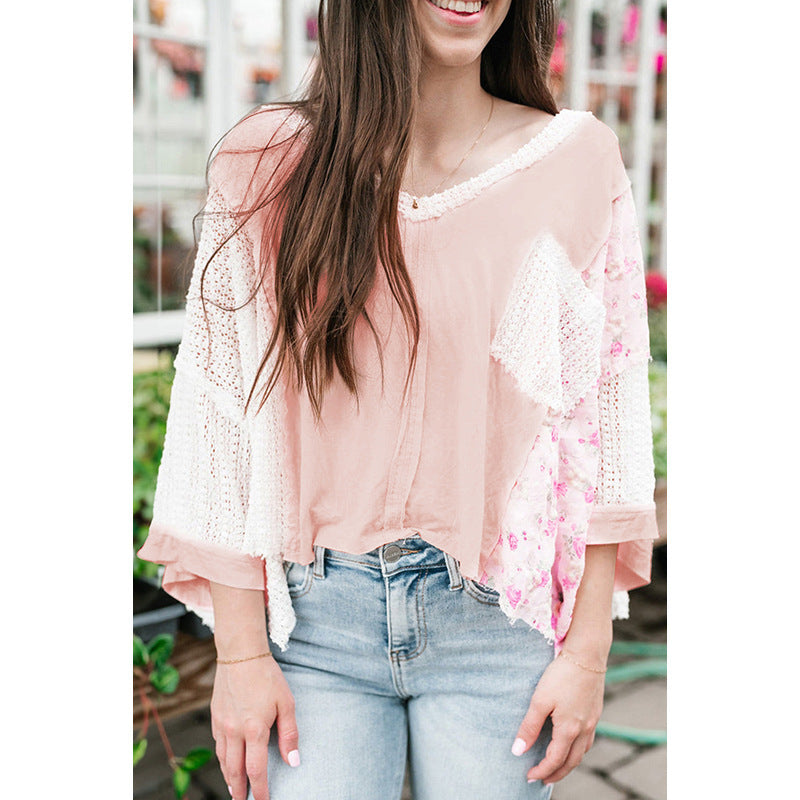 V-neck Long Sleeve Top All-match Lace Stitching Loose