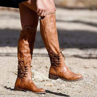 Womens Leather Boots With A Round Toe And Front Laces