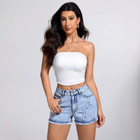Womens Casual Stylish Raw-edge Star Denim Shorts