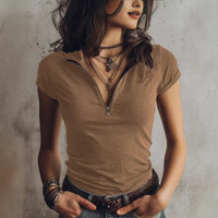 Womens Knitted Fabric Elegant Zip-Neck Short-Sleeve Top