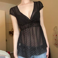 Womens Sheer Blouse With Polka-Dot Print And Ruched Waist Design
