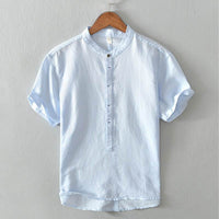 Stand Collar Pullover T-shirt Short Sleeve Men's Casual Cotton Linen Shirt