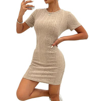 Ribbed Crew-Neck Womens Solid Color T-Shirt Short-Sleeve Dress