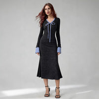 Gray Fitted-waist Sheath-style Long-sleeve Knit Womens Dress