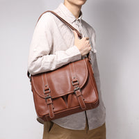 Mens Full-Grain Leather Large-Capacity Shoulder Bag