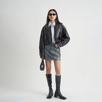 Black Pu Jacket Zipper Coat Women's Clothing