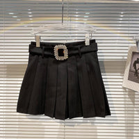Square Rhinestone Waistband Design Anti Glare Pleated Skirt