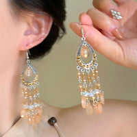 Diamond-embedded Water Drop Glass Tassel Light Luxury High-grade Earrings