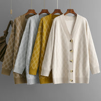 V-neck Cardigan Sweater Casual Loose Diamond Plaid Sweater Coat