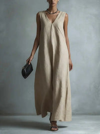 Women's Casual V-Neck Sleeveless Cotton-Linen Dress