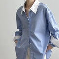 New Blue And White Striped Contrast Color Shirt For Women
