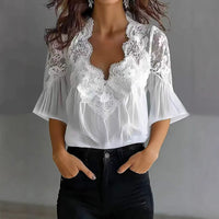 Women's Lace-Patchwork Puff-Sleeve Pleated Short-Sleeve Shirt