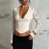 Sexy Bust-enhancing Pure Desire Lace Slim-fit Vintage Waist-cinching Long-sleeved Top
