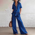 Solid-color Womens Wide-leg Trousers And Shirt Set