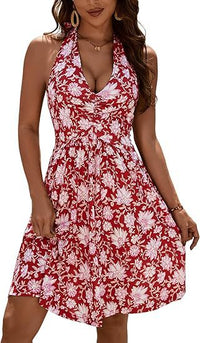 V-Neck Lace-Up Printed Pleated Pocket Dress For Women