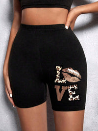 Summer Woman Tight Shorts Leopard Heart And Love Letter Grap