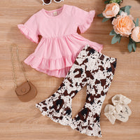 Small And Older Children's Short Sleeve Top With Swing Leopard Print Flared Pants Girls' Suit